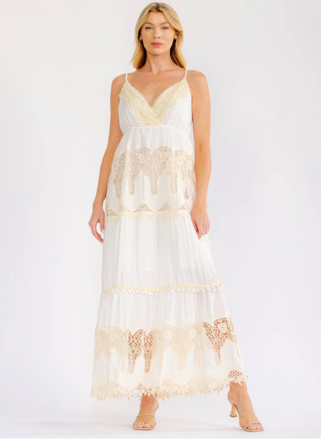 WOMEN'S SLEEVELESS ELASTIC WAIST SURPLICE TIERED CROCHET MAXI DRESS
