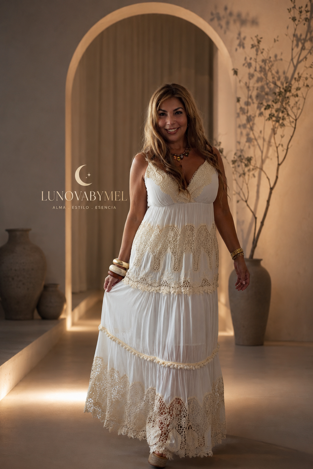 WOMEN'S SLEEVELESS ELASTIC WAIST SURPLICE TIERED CROCHET MAXI DRESS