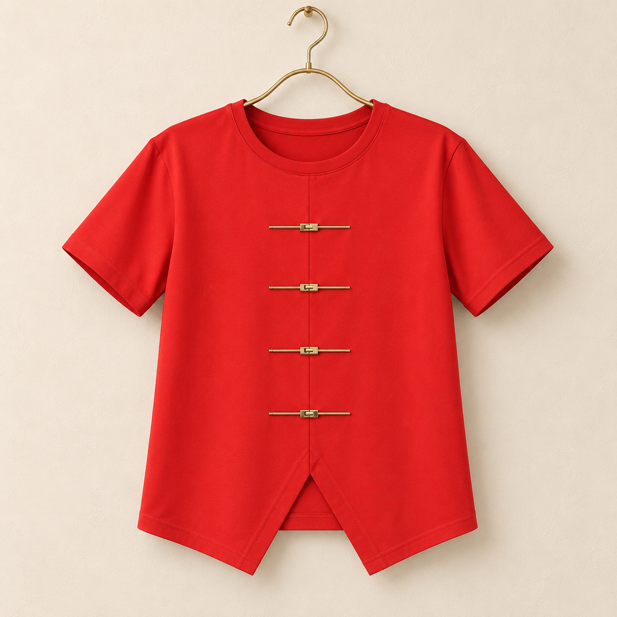 CAMISA ROJA CON APLIQUES DORADOS