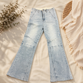 Women’s Button Closure Elastic Waist Pockets Bell Leg Strech Denim Pants