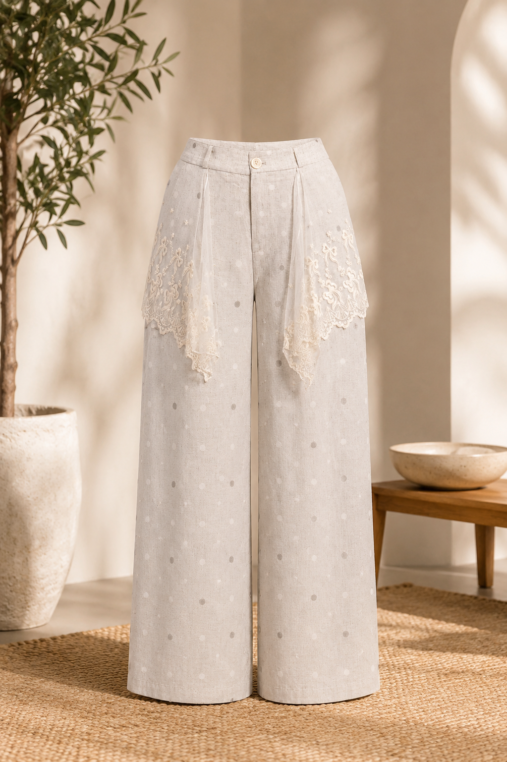 Pantalón de lino con encaje