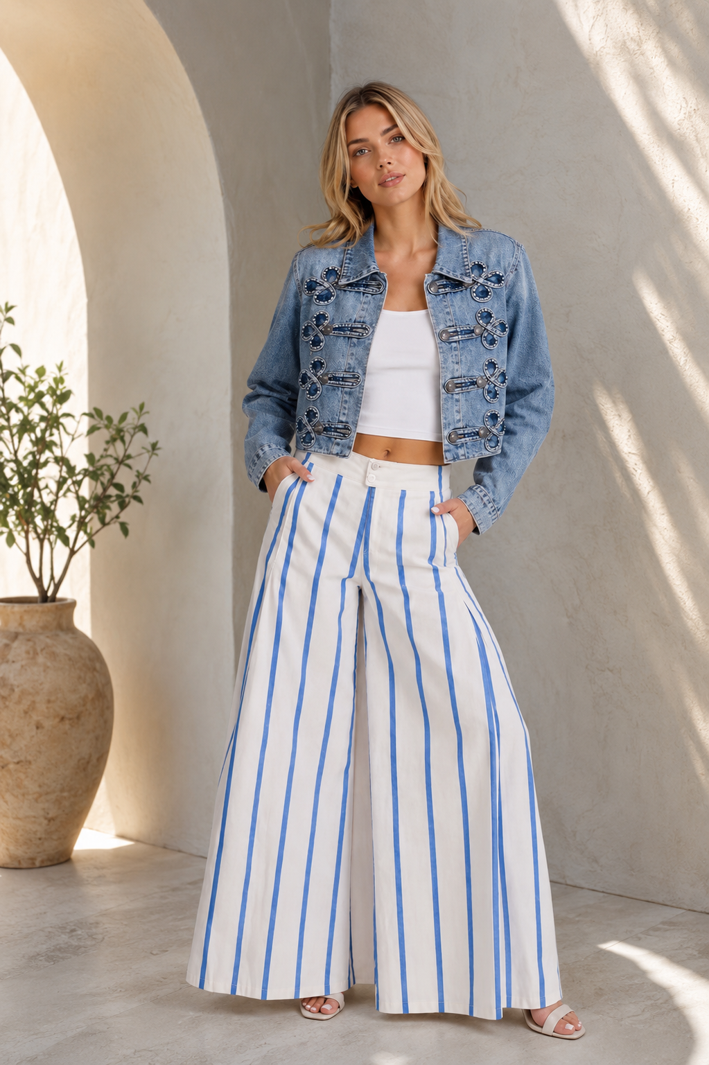 STRIPE WID LEG PANTS