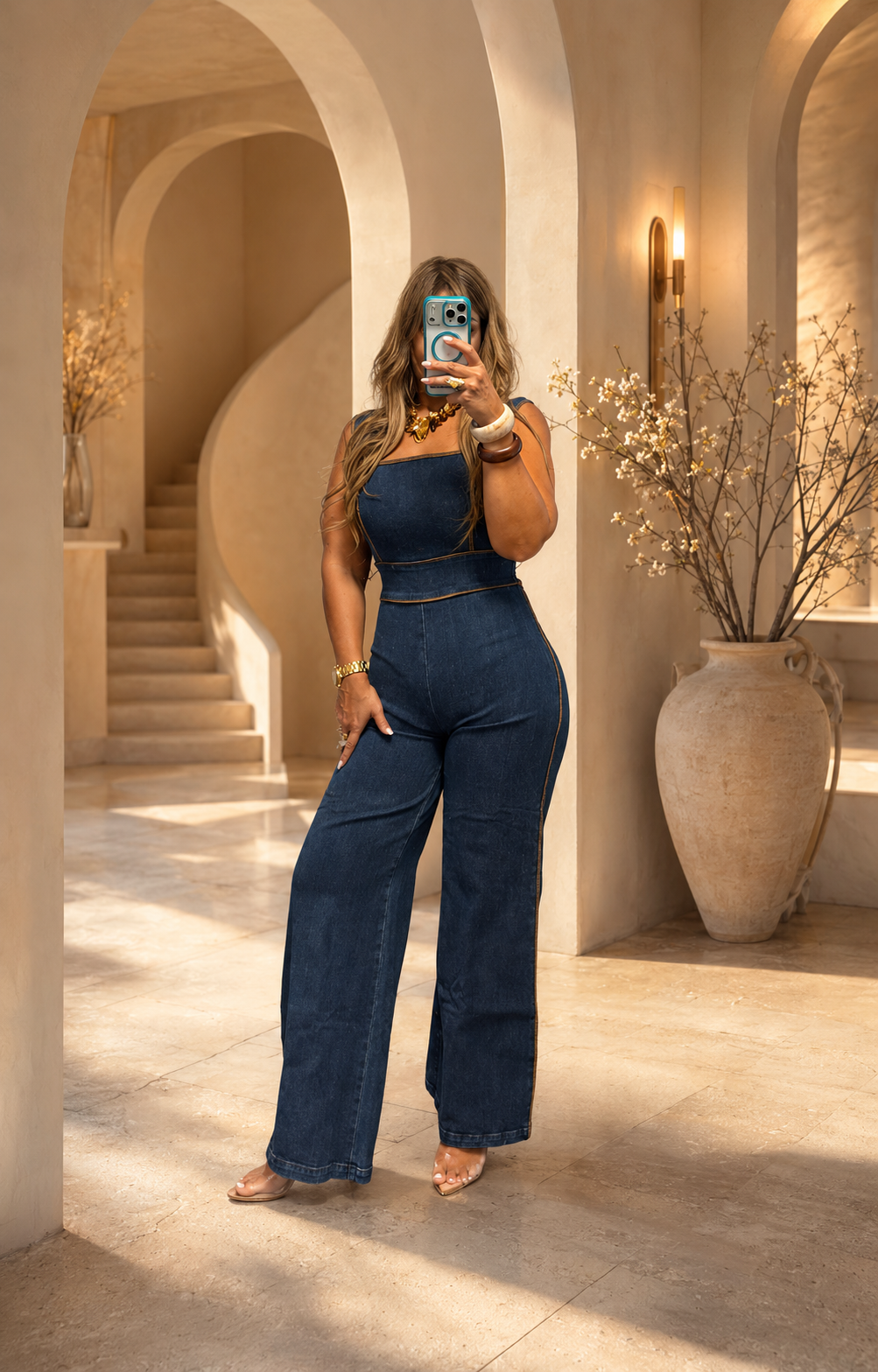 JUMSUIT JEAN CON LÍNEAS MARRON
